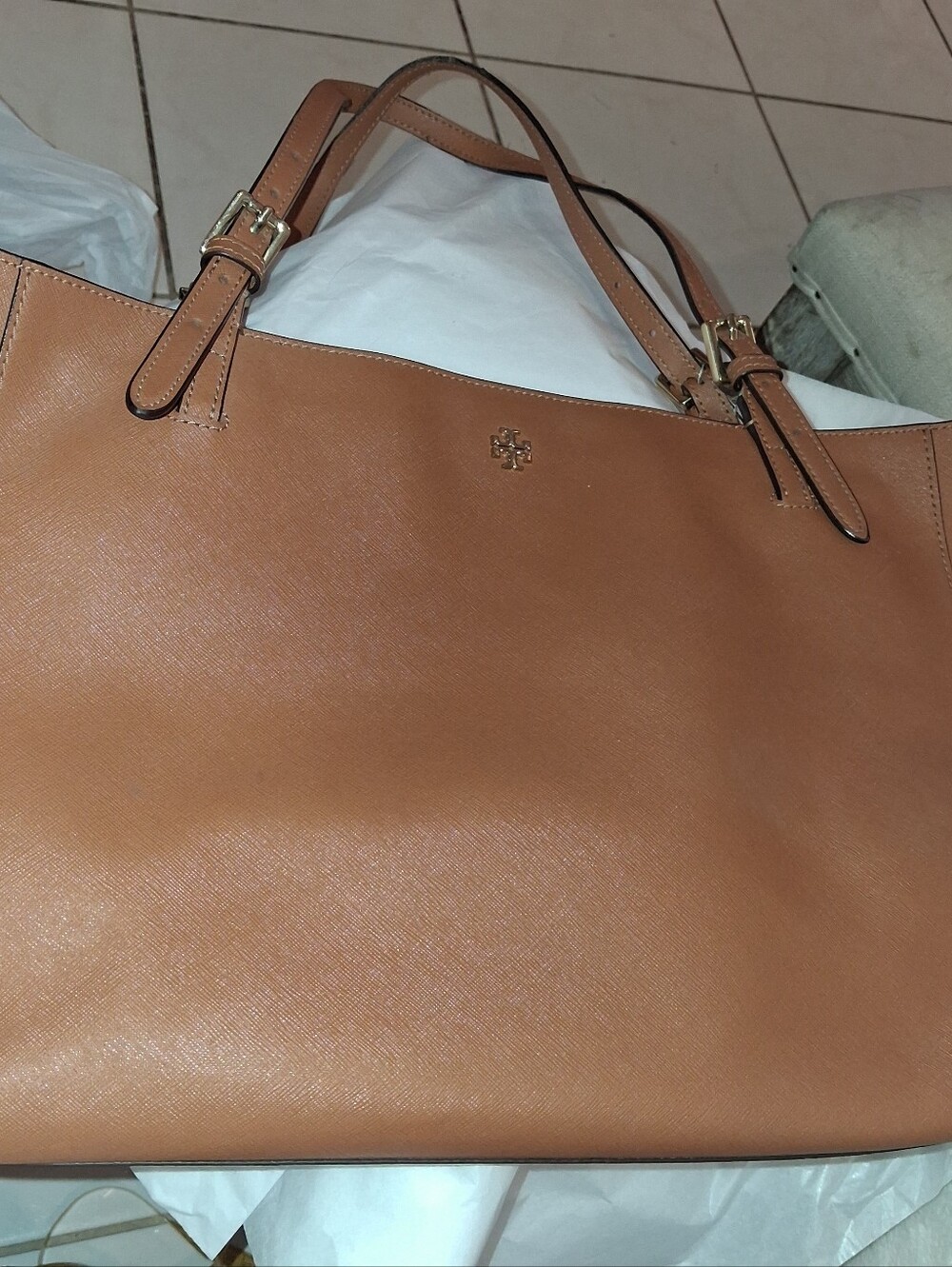 Tory Burch Cognac Leather Tote with Gold Logo Hardware